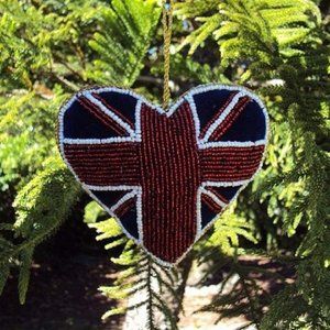 British Union Jack Beaded with velvet heart-shaped Hanging ornament, width 4"